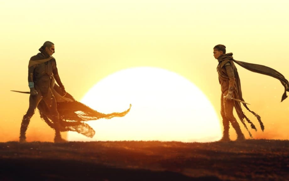 Paul Atreides and Chani face each other against the sun in Dune Part Three teaser imagery