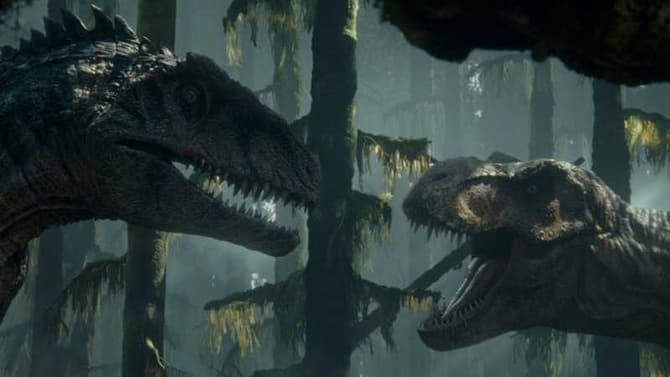 JURASSIC WORLD: DOMINION Stills See The T-Rex & Giga Squaring Up For A Rematch 65 Million Years In The Making