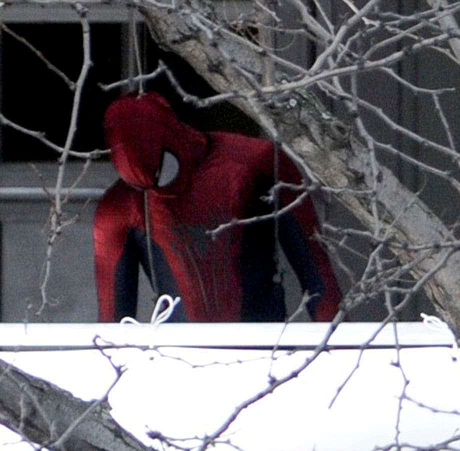 Andrew Garfield as Spiderman spotted in full costume on set in New York C
