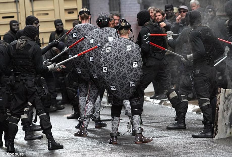 Battle scenario: The trio filmed a scene where they appeared to have been captured by baddie Shredder's foot soldiers 