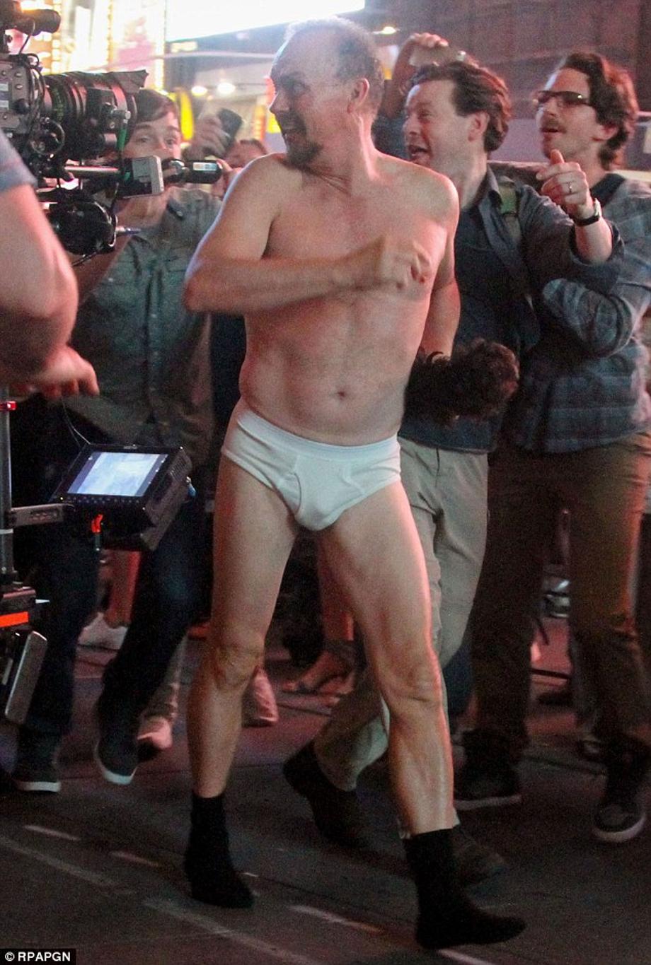 Tighty whiteys: Michael Keaton ran through New York City's Times Square in his underwear while filming Birdman on Sunday