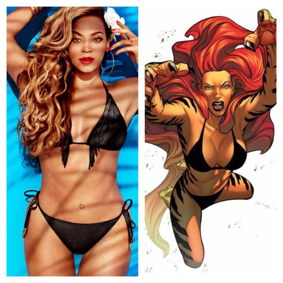Tigra -  Greer Grant Nelson former detective who lost her husband and her job. She gained her powers in an experiment and later a group of mythical beings turned her into a half human half cat. She can change to and from her form using her amulet. She's a Hydra hater and once a member of various groups including the Avengers. Beyonce is perfect, she's sexy, strong, and I saw her crawl like a cat once in a video that was pretty hot.