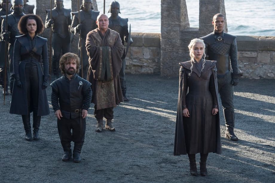  (Left to Right)&nbsp; Nathalie Emmanuel  as Missandei,&nbsp; Peter Dinklage  as Tyrion Lannister,&nbsp; Conleth Hill  as Varys,&nbsp; Emilia Clarke &nbsp;as Daenerys Targaryen, and  Jacob Anderson  as Grey Worm -&nbsp; Photo: Macall B. Polay/HBO  