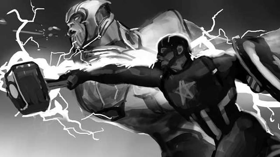 AVENGERS: ENDGAME Early Concept Art Shows Captain America Taking Down Thanos With Mjolnir In Hand