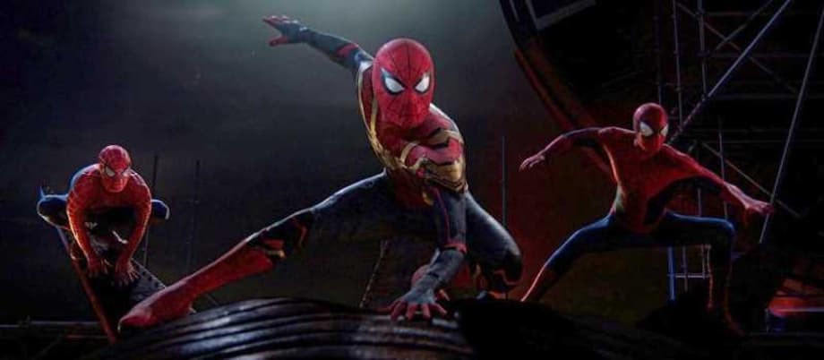 SPIDER-MAN: NO WAY HOME Stars Tom Holland, Andrew Garfield, & Tobey Maguire Strike A Pose In New BTS Photo