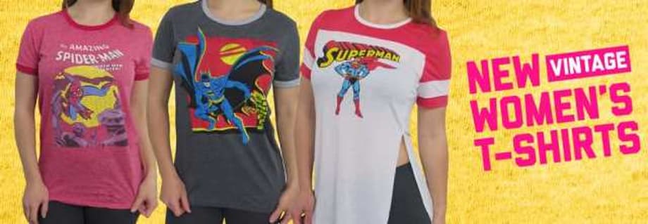 SUPERHEROSTUFF Product Spotlight: New SPIDER-MAN, BATMAN And SUPERMAN Vintage Women's T-Shirts