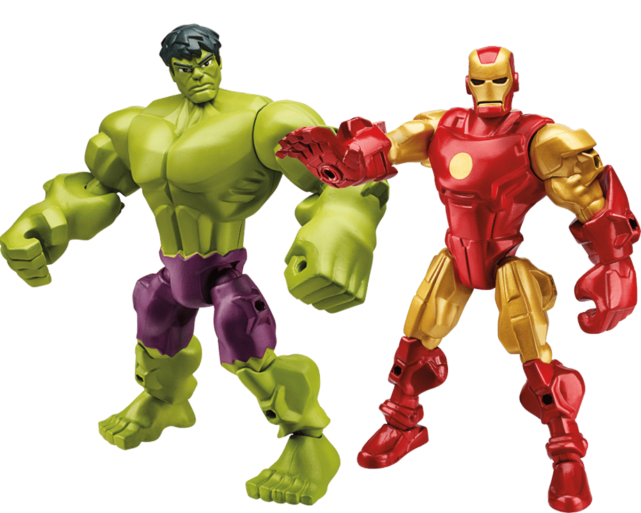 The HULK and IRON MAN figures from the MARVEL SUPER HERO MASHERS 2015  'Age of Ultron' product line. Images provided by Hasbro Inc.