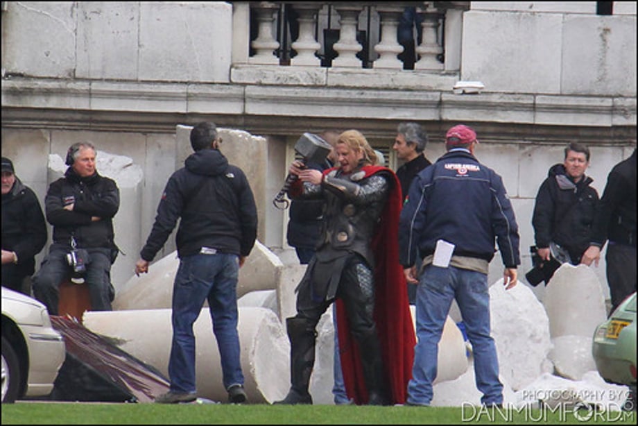 Chris Hemsworth, Bobby Holland Hanton and Christopher Eccleston filming Thor:The Dark World