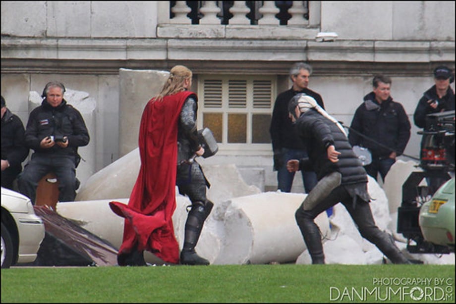 Chris Hemsworth, Bobby Holland Hanton and Christopher Eccleston filming Thor:The Dark World