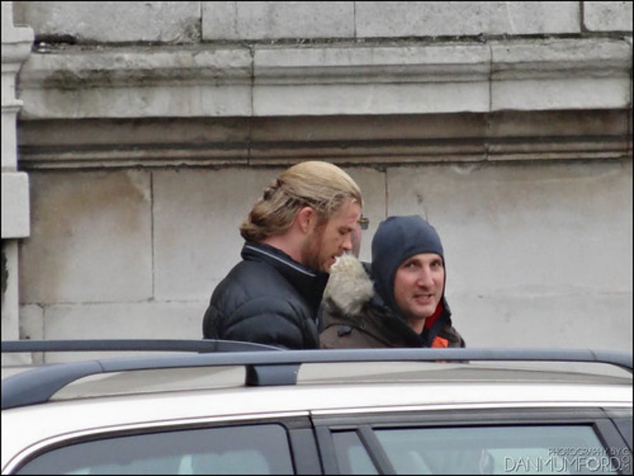 Chris Hemsworth, Bobby Holland Hanton and Christopher Eccleston filming Thor:The Dark World