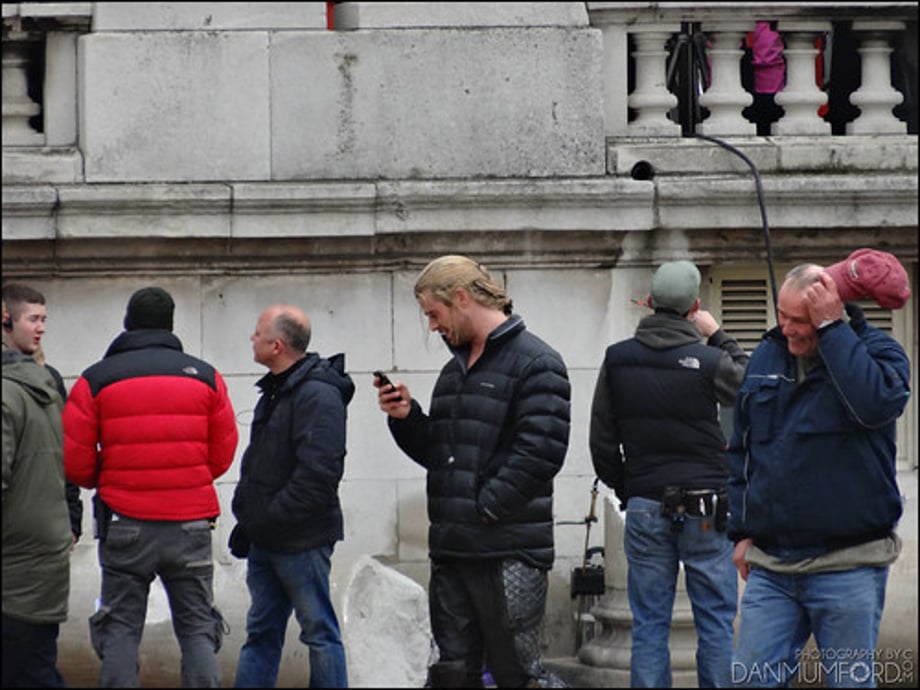 Chris Hemsworth, Bobby Holland Hanton and Christopher Eccleston filming Thor:The Dark World