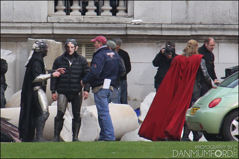 Chris Hemsworth, Bobby Holland Hanton and Christopher Eccleston filming Thor:The Dark World