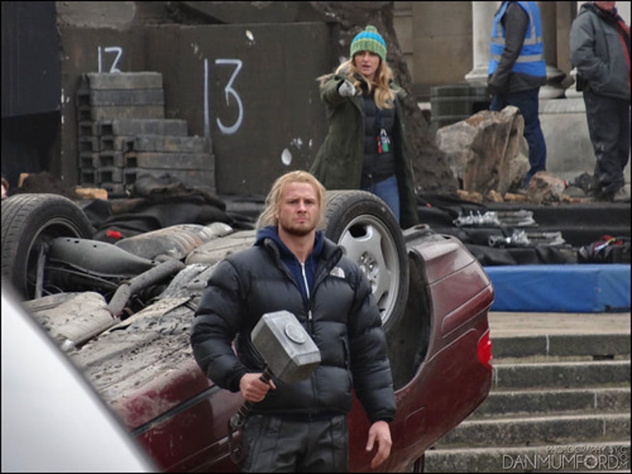 Chris Hemsworth, Bobby Holland Hanton and Christopher Eccleston filming Thor:The Dark World