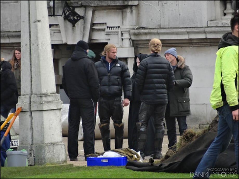 Chris Hemsworth, Bobby Holland Hanton and Christopher Eccleston filming Thor:The Dark World