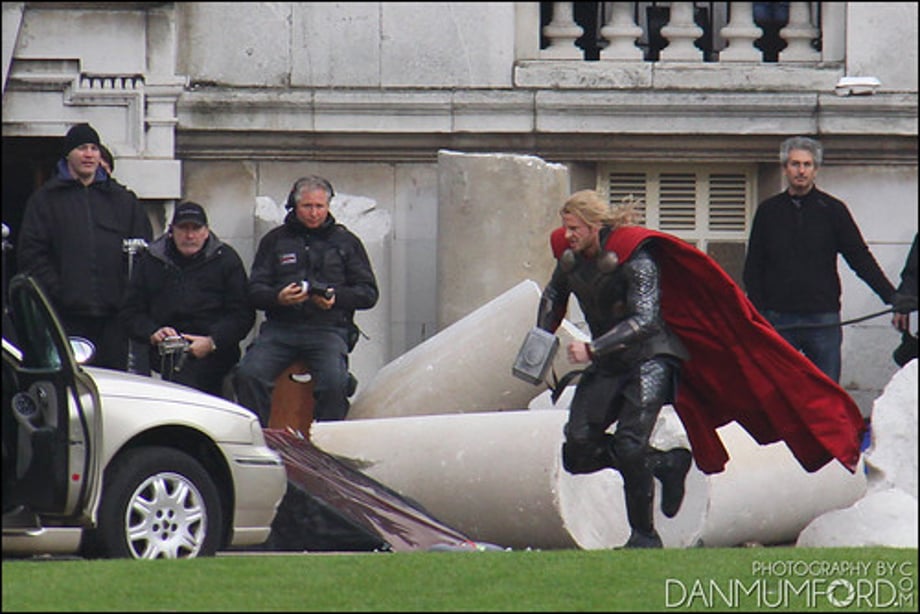Chris Hemsworth, Bobby Holland Hanton and Christopher Eccleston filming Thor:The Dark World