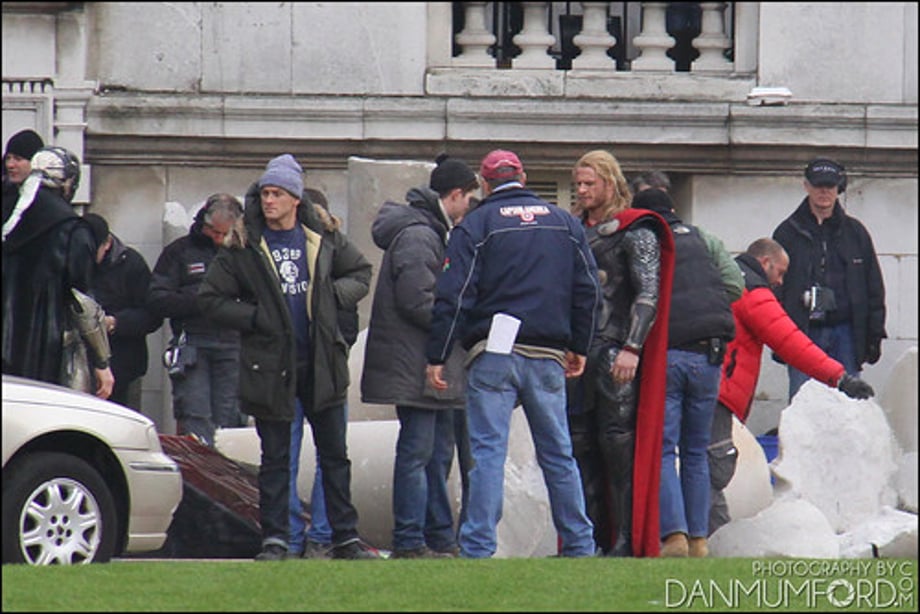 Alan Taylor, Chris Hemsworth, Bobby Holland Hanton and Christopher Eccleston filming Thor:The Dark World