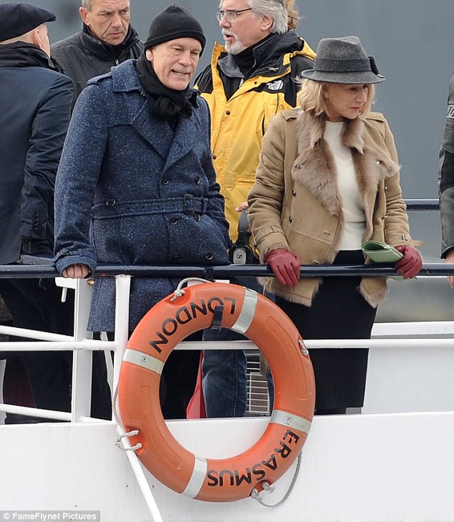 Anchors away: Helen Mirren and John Malkovich were seen shooting scenes for movie sequel Red 2 on board a boat in London on Saturday
