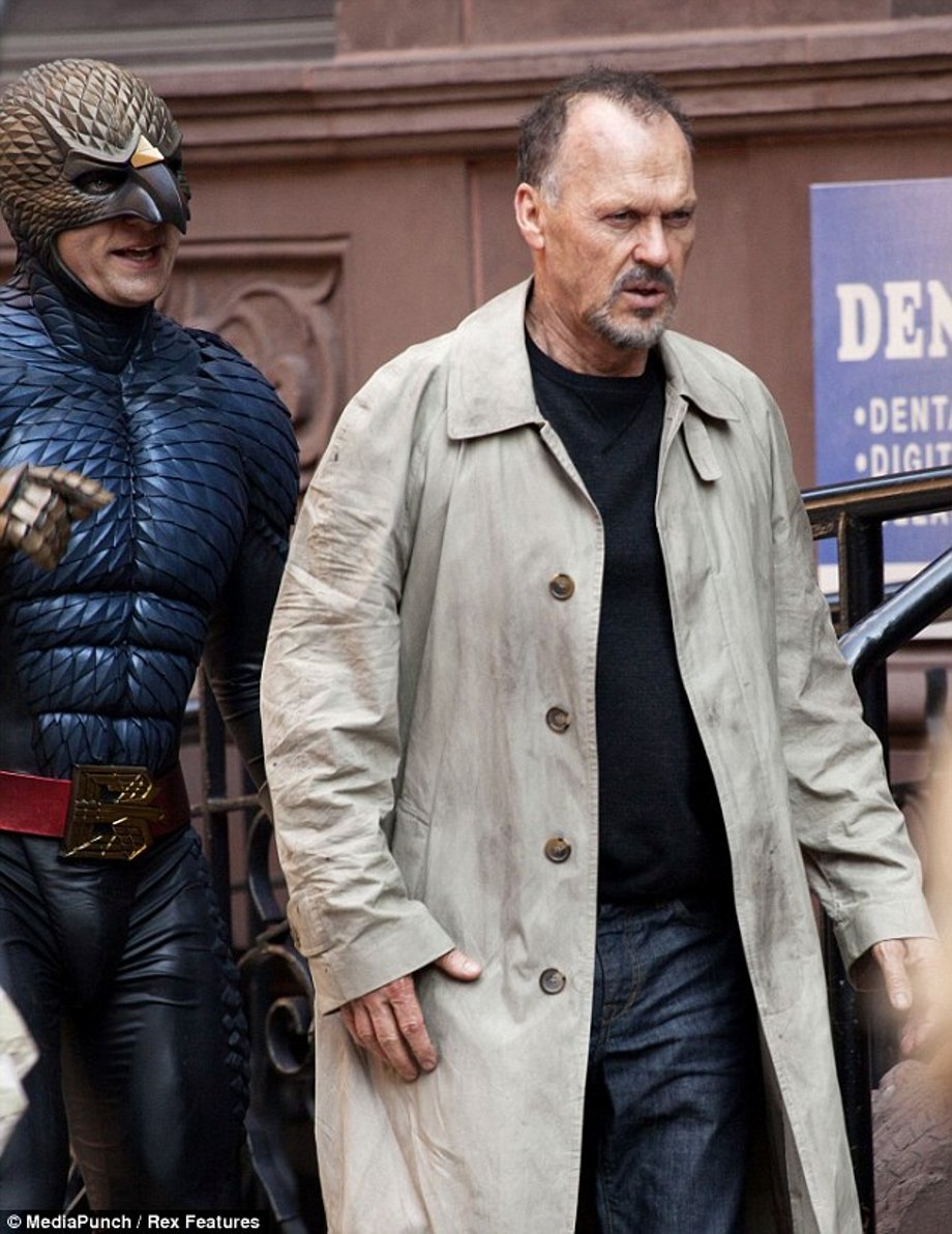 Bird brain? Micheal's character - in a nod to his real life time as Batman - is said to have portrayed this latest hero, suggesting the scene may involve Birdman appearing as a figment of his imagination
