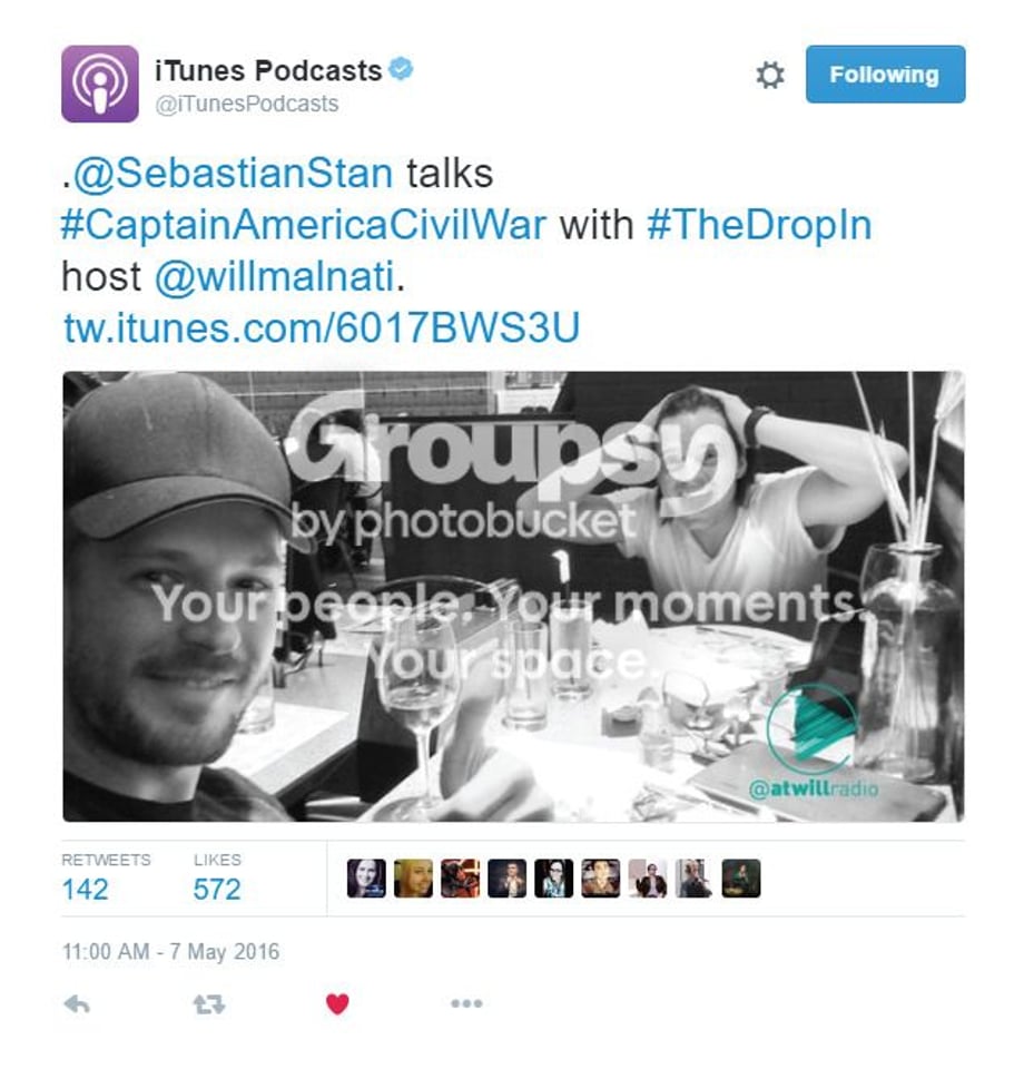 The Sebastian Stan episode of 'The Drop-In' with Will Malnati has garned more engagement than any other tweet by @iTunesPodcasts in 2016.