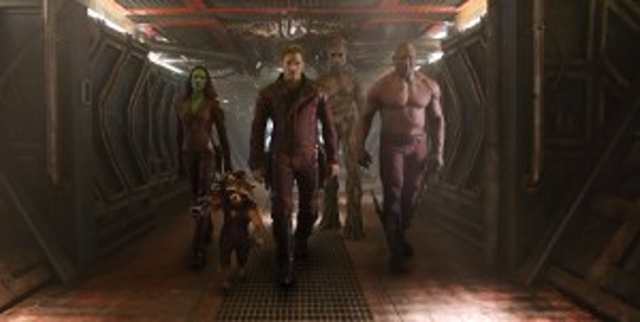Gamora (Zoe Saldana), Rocket (Bradley Cooper), Star-Lord (Chris Pratt), Groot (Vin Diesel), Drax (Dave Bautista)
